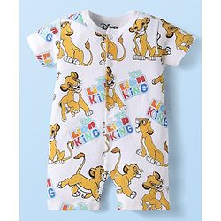 Babyhug Disney Cotton Knit Half Sleeves Front Open Romper with Lion King Graphics - White
