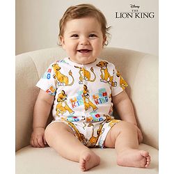 Babyhug Disney Cotton Knit Half Sleeves Front Open Romper with Lion King Graphics - White