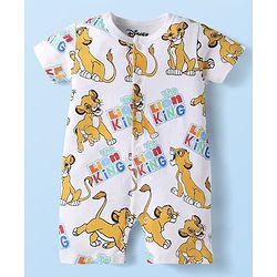 Babyhug Disney Cotton Knit Half Sleeves Front Open Romper with Lion King Graphics - White