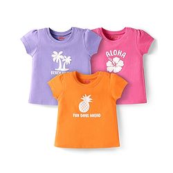Babyhug Cotton Knit Half Sleeves T-Shirts with Tropical Print Pack of 3 - Lilac & Pink