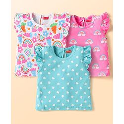 Babyhug Cotton Knit Frill Sleeves T-Shirts With Polka Dot & Tropical Print Pack 3 - Pink & Light Blue