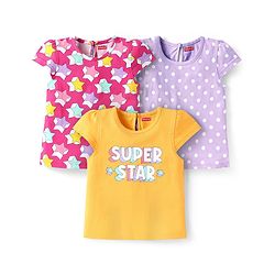 Babyhug Cotton Knit Half Sleeves T-Shirts with Polka Dots & Floral Print Pack of 3 - Lilac & Pink