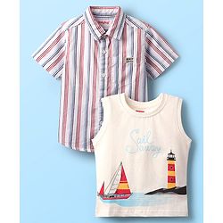 Babyhug 100% Cotton Half Sleeves Striped Shirt With Sleeveless Nautical Theme Printed T-Shirt - Red Blue & White