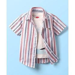 Babyhug 100% Cotton Half Sleeves Striped Shirt With Sleeveless Nautical Theme Printed T-Shirt - Red Blue & White