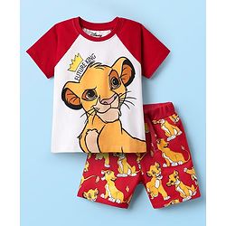 Babyhug Disney Single Jersey Knit Half Raglan Sleeves T-Shirt & Shorts Set With Lion King Graphics - White & Red