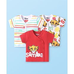 Babyhug Disney Cotton Knit Half Sleeves Jhablas with Lion King Graphics & Stripes Pack of 3 - Red & White