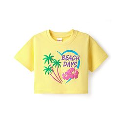 Babyhug Cotton Knit Half Sleeves Drop Shoulder T-Shirt with Beach Theme Text Print - Yellow