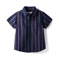 Babyhug Cotton Woven Half Sleeves Striped Shirt With Bow - Navy Blue