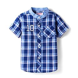 Babyhug Cotton Woven Half Sleeves Shirt With Mandarin Collar & Check - Navy Blue