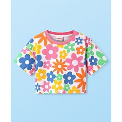 Babyhug 100% Cotton Terry Knit Crop T-Shirt with Drop Shoulder Half Sleeves in Floral Print - White