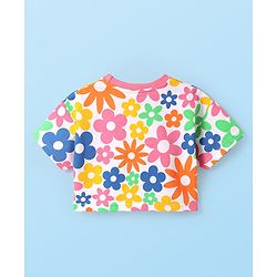 Babyhug 100% Cotton Terry Knit Crop T-Shirt with Drop Shoulder Half Sleeves in Floral Print - White