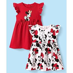 Babyhug Disney Cotton Knit Frill Sleeves Frocks with Minnie Mouse Graphics Pack of 2 - Red & White