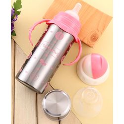 Babyhug 3-in-1 Insulated Stainless Steel Twin Handle Bottle Pink - 180 ml| Dishwasher and Sterilizer Safe| Slow Flow Nipple| Straw Sipper with Flip Cap| Water Bottle| Leak Proof| Standard Neck Bottle