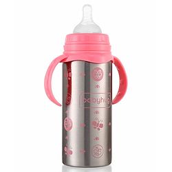 Babyhug 3-in-1 Insulated Stainless Steel Twin Handle Bottle Pink - 180 ml| Dishwasher and Sterilizer Safe| Slow Flow Nipple| Straw Sipper with Flip Cap| Water Bottle| Leak Proof| Standard Neck Bottle