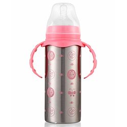 Babyhug 3-in-1 Insulated Stainless Steel Twin Handle Bottle Pink - 180 ml| Dishwasher and Sterilizer Safe| Slow Flow Nipple| Straw Sipper with Flip Cap| Water Bottle| Leak Proof| Standard Neck Bottle