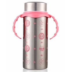 Babyhug 3-in-1 Insulated Stainless Steel Twin Handle Bottle Pink - 180 ml| Dishwasher and Sterilizer Safe| Slow Flow Nipple| Straw Sipper with Flip Cap| Water Bottle| Leak Proof| Standard Neck Bottle