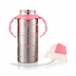 Babyhug 3-in-1 Insulated Stainless Steel Twin Handle Bottle Pink - 180 ml| Dishwasher and Sterilizer Safe| Slow Flow Nipple| Straw Sipper with Flip Cap| Water Bottle| Leak Proof| Standard Neck Bottle