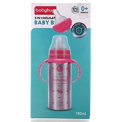 Babyhug 3-in-1 Insulated Stainless Steel Twin Handle Bottle Pink - 180 ml| Dishwasher and Sterilizer Safe| Slow Flow Nipple| Straw Sipper with Flip Cap| Water Bottle| Leak Proof| Standard Neck Bottle