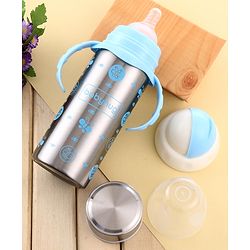 Babyhug 3-in-1 Insulated Stainless Steel Twin Handle Bottle Blue - 180 ml| Dishwasher and Sterilizer Safe| Slow Flow Nipple| Straw Sipper with Flip Cap| Water Bottle| Leak Proof| Standard Neck Bottle