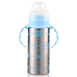 Babyhug 3-in-1 Insulated Stainless Steel Twin Handle Bottle Blue - 180 ml| Dishwasher and Sterilizer Safe| Slow Flow Nipple| Straw Sipper with Flip Cap| Water Bottle| Leak Proof| Standard Neck Bottle