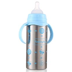 Babyhug 3-in-1 Insulated Stainless Steel Twin Handle Bottle Blue - 180 ml| Dishwasher and Sterilizer Safe| Slow Flow Nipple| Straw Sipper with Flip Cap| Water Bottle| Leak Proof| Standard Neck Bottle