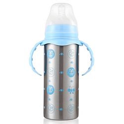 Babyhug 3-in-1 Insulated Stainless Steel Twin Handle Bottle Blue - 180 ml| Dishwasher and Sterilizer Safe| Slow Flow Nipple| Straw Sipper with Flip Cap| Water Bottle| Leak Proof| Standard Neck Bottle