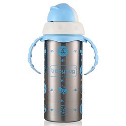 Babyhug 3-in-1 Insulated Stainless Steel Twin Handle Bottle Blue - 180 ml| Dishwasher and Sterilizer Safe| Slow Flow Nipple| Straw Sipper with Flip Cap| Water Bottle| Leak Proof| Standard Neck Bottle