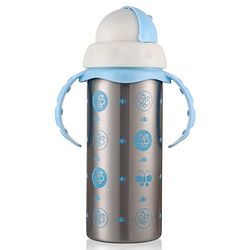Babyhug 3-in-1 Insulated Stainless Steel Twin Handle Bottle Blue - 180 ml| Dishwasher and Sterilizer Safe| Slow Flow Nipple| Straw Sipper with Flip Cap| Water Bottle| Leak Proof| Standard Neck Bottle