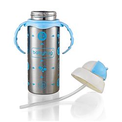 Babyhug 2-in-1 Stainless Steel Twin Handle Straw Sipper Pink - 180 ml| Dishwasher and Sterilizer Safe| Slow Flow Nipple| Straw Sipper with Flip Cap| Water Bottle| Leak Proof| Standard Neck Bottle