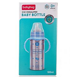 Babyhug 3-in-1 Insulated Stainless Steel Twin Handle Bottle Blue - 180 ml| Dishwasher and Sterilizer Safe| Slow Flow Nipple| Straw Sipper with Flip Cap| Water Bottle| Leak Proof| Standard Neck Bottle
