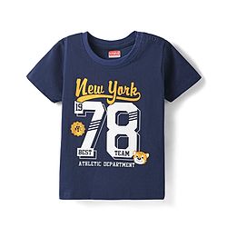 Babyhug Cotton  Knit Half Sleeves T-Shirt With Newyork Text Print - Navy Blue
