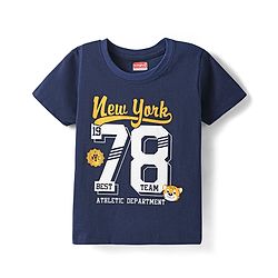 Babyhug Cotton  Knit Half Sleeves T-Shirt With Newyork Text Print - Navy Blue