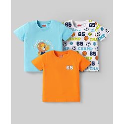 Babyhug Cotton Knit Half Sleeves T-Shirts with Sports Theme Print Pack of 3 - Orange White & Aqua Blue