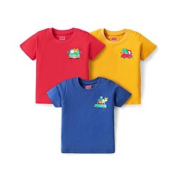 Babyhug Cotton Knit Half Sleeves T-Shirts With Animal & Vehicle Print Pack Of 3 - Red & Blue