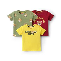 Babyhug Cotton Knit Half Sleeves T-Shirts with Bear Print Pack of 3 - Yellow Dark Red & Yellow
