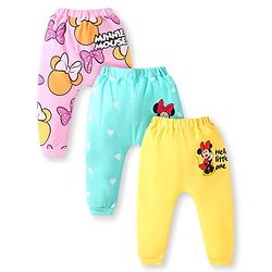 Babyhug Disney Interlock Knit Full Length Diaper Leggings With Minnie Mouse Family Graphics Pack Of 3 - Pink Light Blue & Yellow