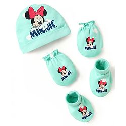 Babyhug Disney 100% Cotton Cap Mittens & Booties Set With Minnie Mouse Graphics Turquoise - Diameter 10 cm