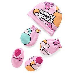 Babyhug Disney Interlock Knit Cap Mittens & Booties Set With Minnie Mouse Graphics Pink - Diameter- 15