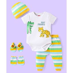 Babyhug 100% Cotton Half Sleeves Onesies with Leggings & Cap Mittens Booties With Stripes & Animal Print - White & Yellow