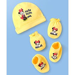 Babyhug Disney Interlock Knit Cap Mittens & Booties Set with Minnie Mouse Print Yellow - Diameter 9 cm