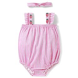 Babyhug 100% Cotton Knit Sleeveless Striped Onesie With Headband - Pink