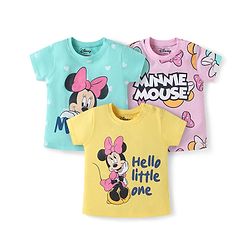 Babyhug Disney Single Jersey Knit Half Sleeve T-Shirts Pack Of 3 With Minnie Mouse Family Graphics - Yellow & Plum