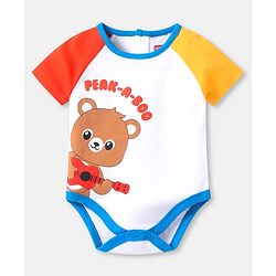 Babyhug Interlock Knit Half Sleeves Onesie With Bear & Peak-A- Boo Text Print - White Red & Yellow
