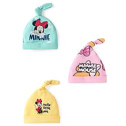Babyhug Disney Interlock Knit Knot Cap With Minnie Mouse Graphics Pack Of 3 - Yellow Light Blue & Pink - Diameter 18cm