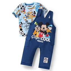 Babyhug Disney Single Jersey Knit Dungaree & Half Sleeves T-Shirt With Mickey Mouse Graphics - Navy Blue