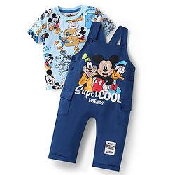 Babyhug Disney Single Jersey Knit Dungaree & Half Sleeves T-Shirt With Mickey Mouse Graphics - Navy Blue
