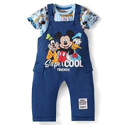 Babyhug Disney Single Jersey Knit Dungaree & Half Sleeves T-Shirt With Mickey Mouse Graphics - Navy Blue