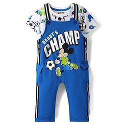 Babyhug Disney Single Jersey Knit Half Sleeve T-Shirts & Dungarees Set With Mickey Mouse Family Graphics - Blue