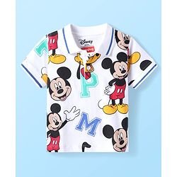 Babyhug Disney Single Jersey Knit Half Sleeves Polo T-Shirt With Mickey Mouse Family Print - White