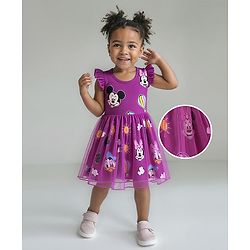 Babyhug Disney Single Jersey Knit Frill Sleeves Frock With Minnie Mouse Family Print - Purple